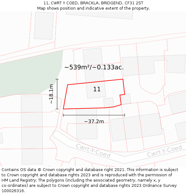 11, CWRT Y COED, BRACKLA, BRIDGEND, CF31 2ST: Plot and title map