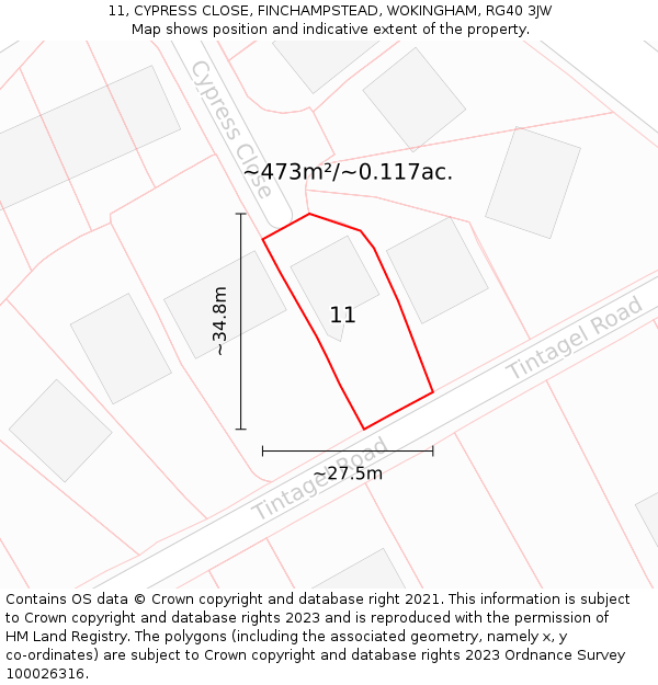 11, CYPRESS CLOSE, FINCHAMPSTEAD, WOKINGHAM, RG40 3JW: Plot and title map