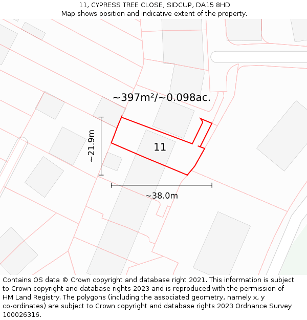 11, CYPRESS TREE CLOSE, SIDCUP, DA15 8HD: Plot and title map