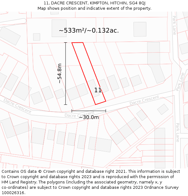 11, DACRE CRESCENT, KIMPTON, HITCHIN, SG4 8QJ: Plot and title map