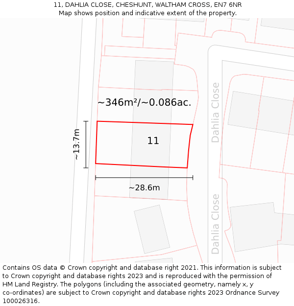 11, DAHLIA CLOSE, CHESHUNT, WALTHAM CROSS, EN7 6NR: Plot and title map