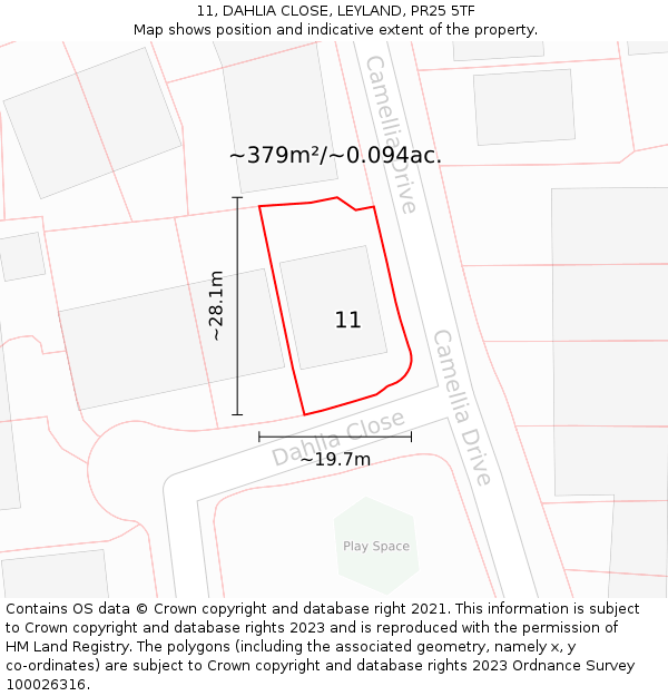 11, DAHLIA CLOSE, LEYLAND, PR25 5TF: Plot and title map