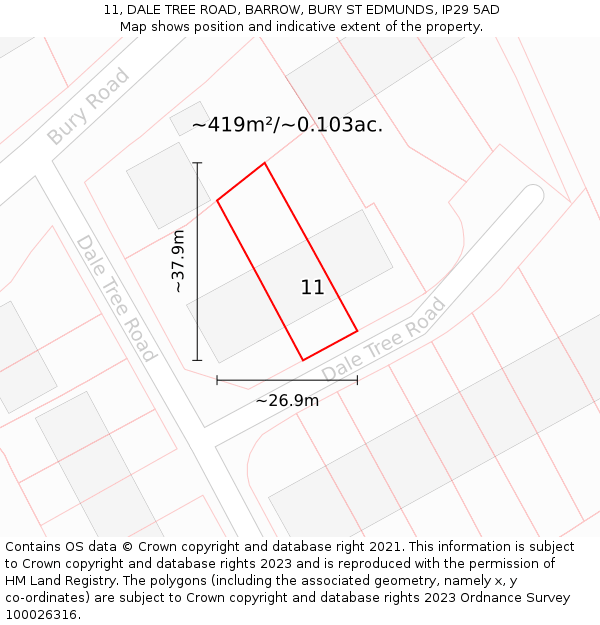 11, DALE TREE ROAD, BARROW, BURY ST EDMUNDS, IP29 5AD: Plot and title map