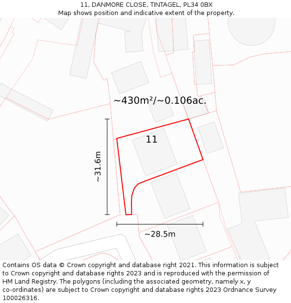 11, DANMORE CLOSE, TINTAGEL, PL34 0BX: Plot and title map