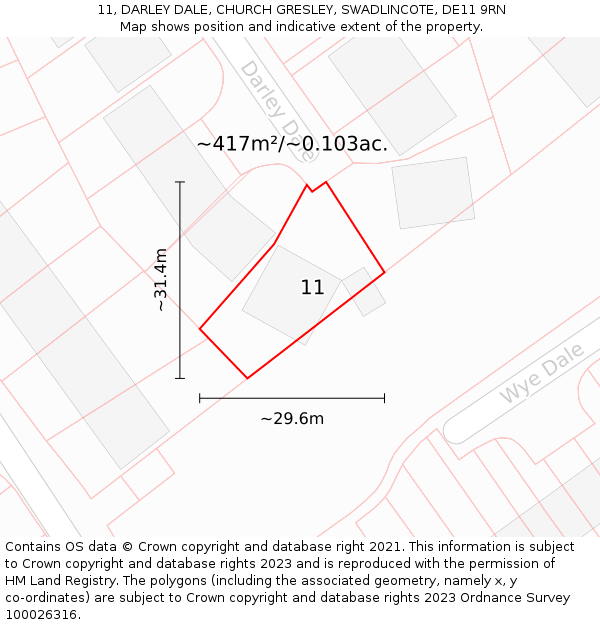 11, DARLEY DALE, CHURCH GRESLEY, SWADLINCOTE, DE11 9RN: Plot and title map