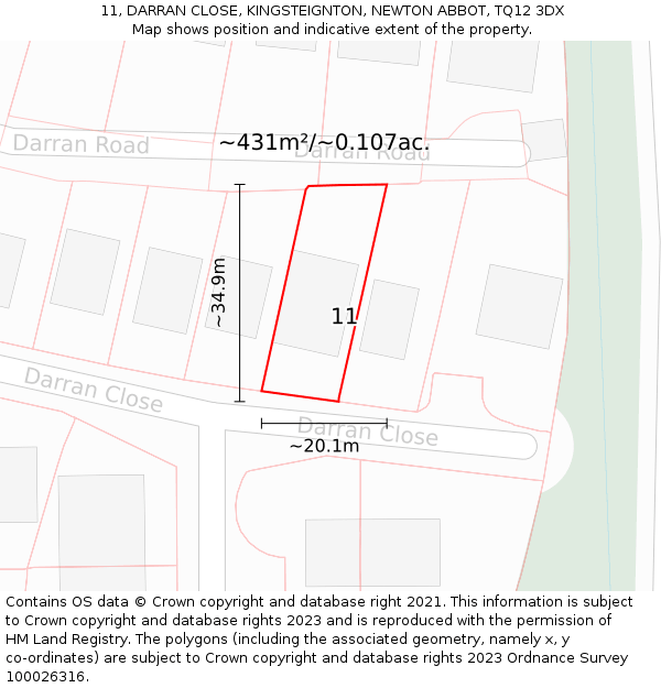 11, DARRAN CLOSE, KINGSTEIGNTON, NEWTON ABBOT, TQ12 3DX: Plot and title map