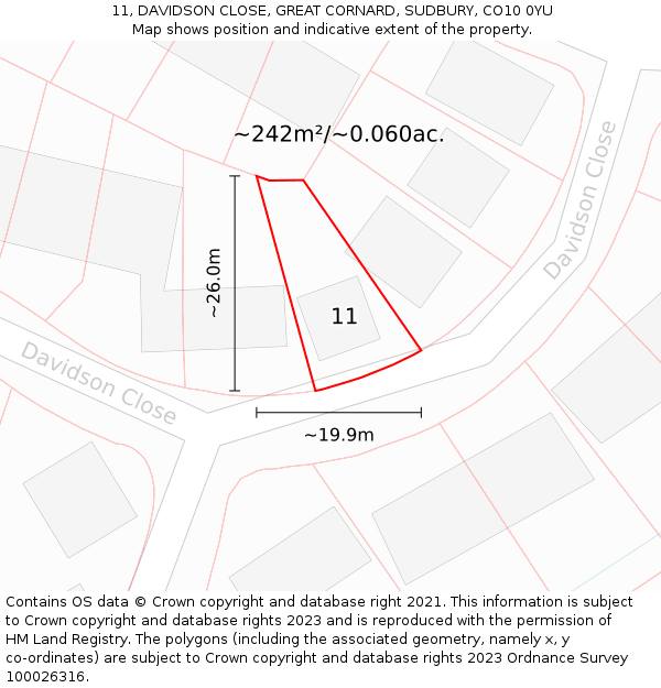 11, DAVIDSON CLOSE, GREAT CORNARD, SUDBURY, CO10 0YU: Plot and title map