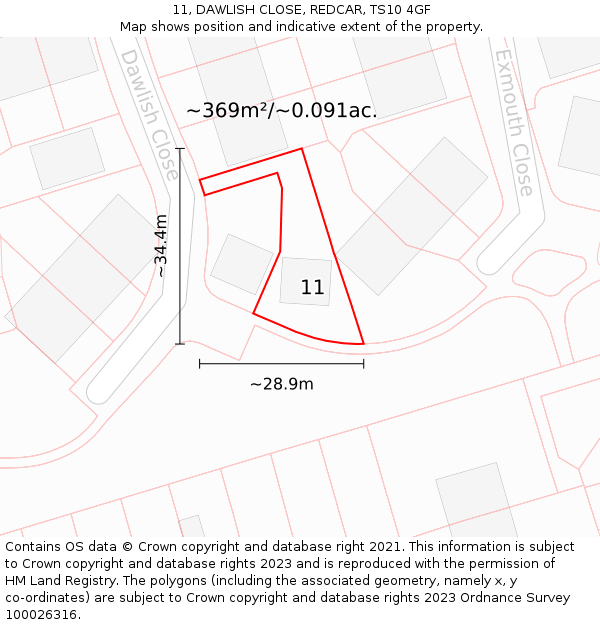 11, DAWLISH CLOSE, REDCAR, TS10 4GF: Plot and title map