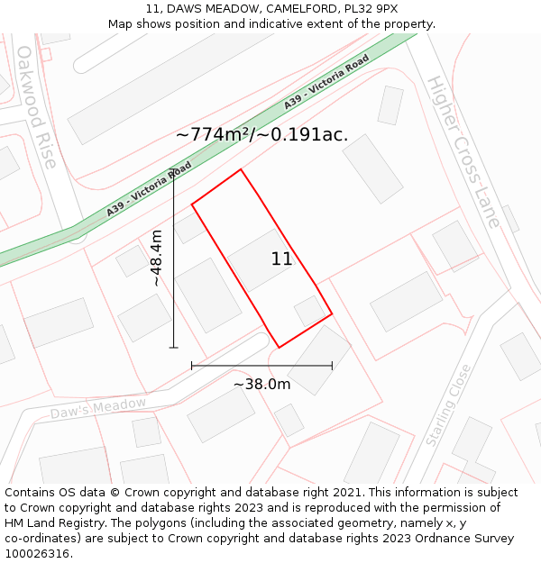 11, DAWS MEADOW, CAMELFORD, PL32 9PX: Plot and title map