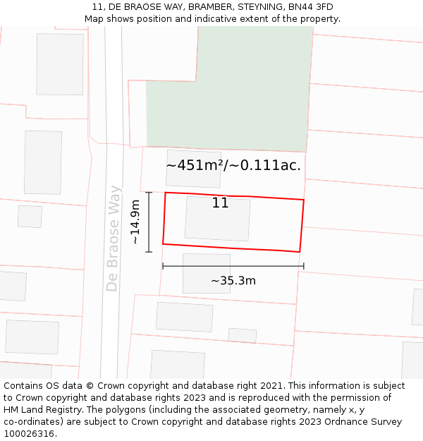 11, DE BRAOSE WAY, BRAMBER, STEYNING, BN44 3FD: Plot and title map