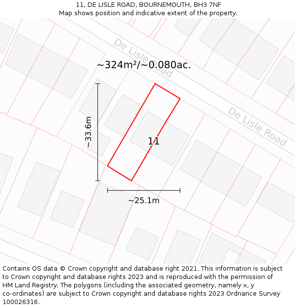 11, DE LISLE ROAD, BOURNEMOUTH, BH3 7NF: Plot and title map
