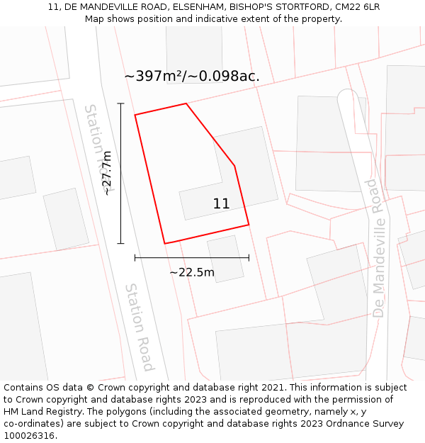 11, DE MANDEVILLE ROAD, ELSENHAM, BISHOP'S STORTFORD, CM22 6LR: Plot and title map