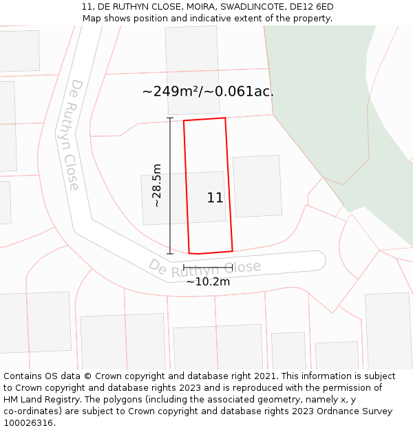 11, DE RUTHYN CLOSE, MOIRA, SWADLINCOTE, DE12 6ED: Plot and title map