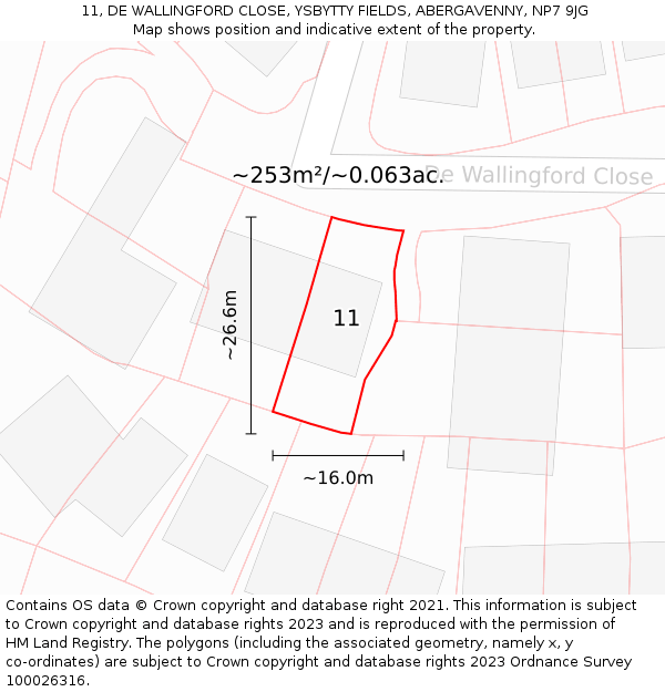 11, DE WALLINGFORD CLOSE, YSBYTTY FIELDS, ABERGAVENNY, NP7 9JG: Plot and title map