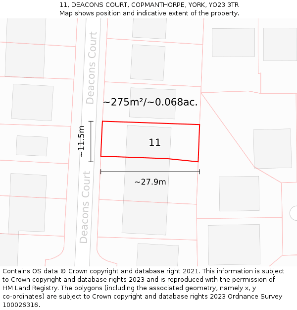 11, DEACONS COURT, COPMANTHORPE, YORK, YO23 3TR: Plot and title map