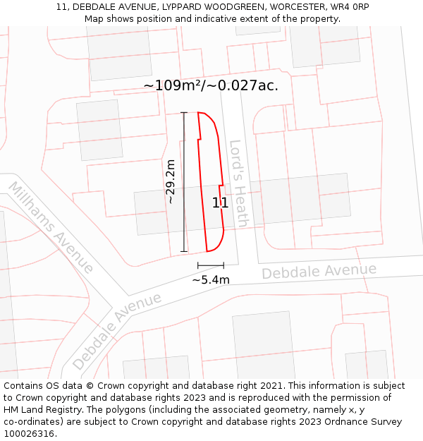 11, DEBDALE AVENUE, LYPPARD WOODGREEN, WORCESTER, WR4 0RP: Plot and title map