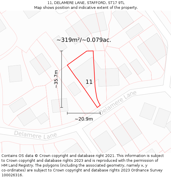 11, DELAMERE LANE, STAFFORD, ST17 9TL: Plot and title map