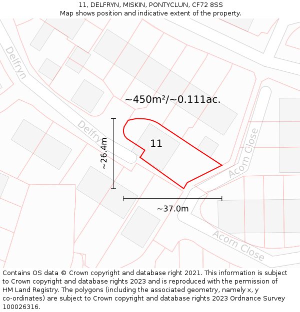 11, DELFRYN, MISKIN, PONTYCLUN, CF72 8SS: Plot and title map