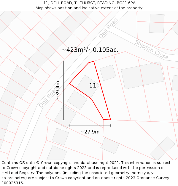 11, DELL ROAD, TILEHURST, READING, RG31 6PA: Plot and title map