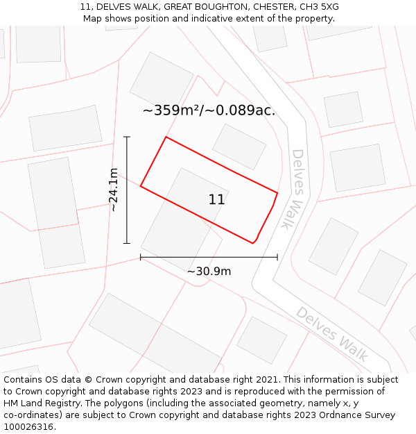 11, DELVES WALK, GREAT BOUGHTON, CHESTER, CH3 5XG: Plot and title map