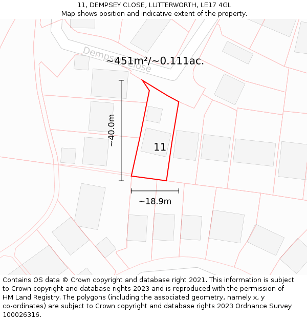 11, DEMPSEY CLOSE, LUTTERWORTH, LE17 4GL: Plot and title map