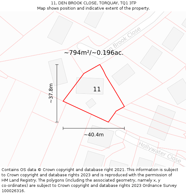 11, DEN BROOK CLOSE, TORQUAY, TQ1 3TP: Plot and title map