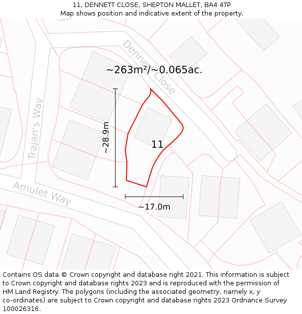 11, DENNETT CLOSE, SHEPTON MALLET, BA4 4TP: Plot and title map