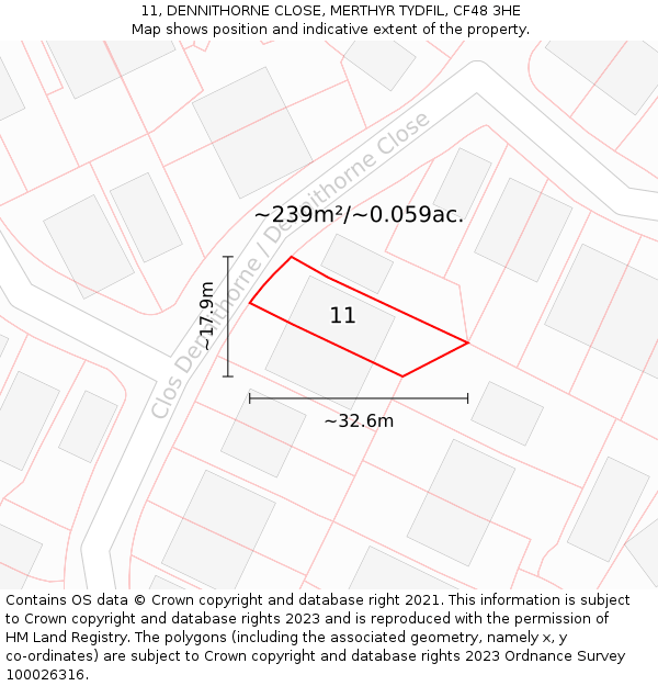 11, DENNITHORNE CLOSE, MERTHYR TYDFIL, CF48 3HE: Plot and title map