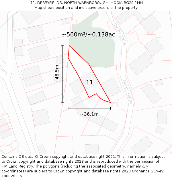 11, DERBYFIELDS, NORTH WARNBOROUGH, HOOK, RG29 1HH: Plot and title map