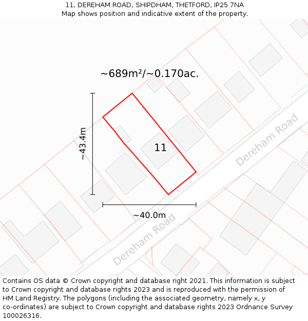 11, DEREHAM ROAD, SHIPDHAM, THETFORD, IP25 7NA: Plot and title map