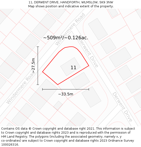 11, DERWENT DRIVE, HANDFORTH, WILMSLOW, SK9 3NW: Plot and title map