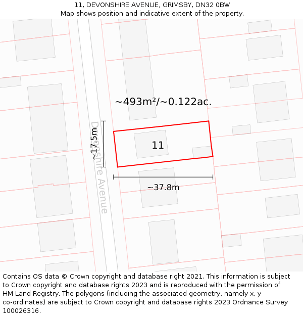 11, DEVONSHIRE AVENUE, GRIMSBY, DN32 0BW: Plot and title map