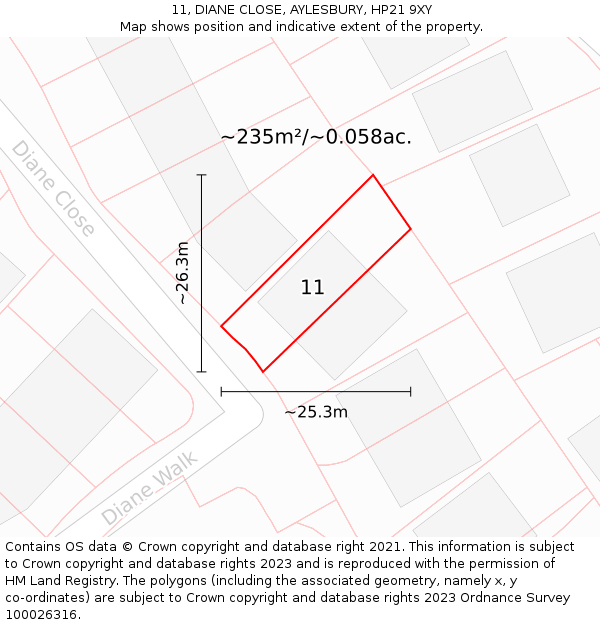 11, DIANE CLOSE, AYLESBURY, HP21 9XY: Plot and title map
