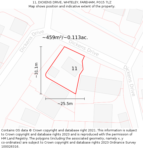 11, DICKENS DRIVE, WHITELEY, FAREHAM, PO15 7LZ: Plot and title map