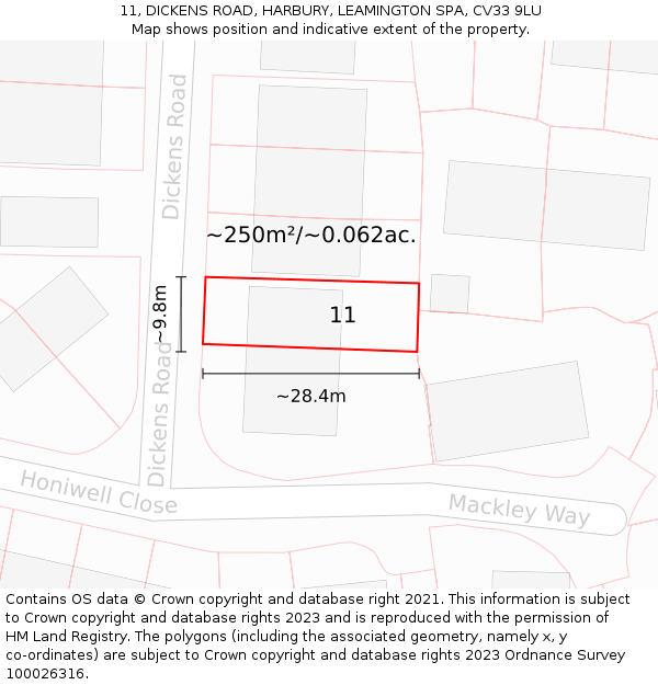 11, DICKENS ROAD, HARBURY, LEAMINGTON SPA, CV33 9LU: Plot and title map