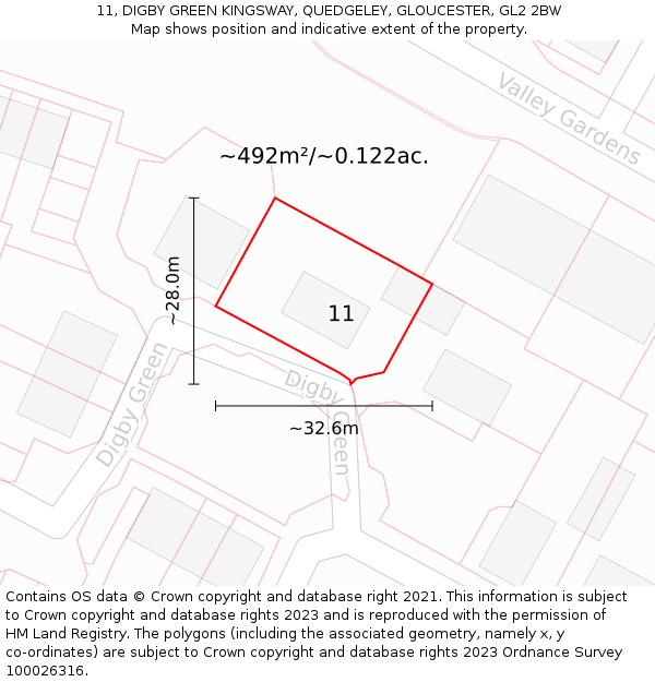 11, DIGBY GREEN KINGSWAY, QUEDGELEY, GLOUCESTER, GL2 2BW: Plot and title map