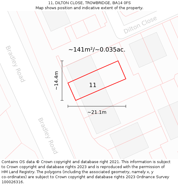 11, DILTON CLOSE, TROWBRIDGE, BA14 0FS: Plot and title map
