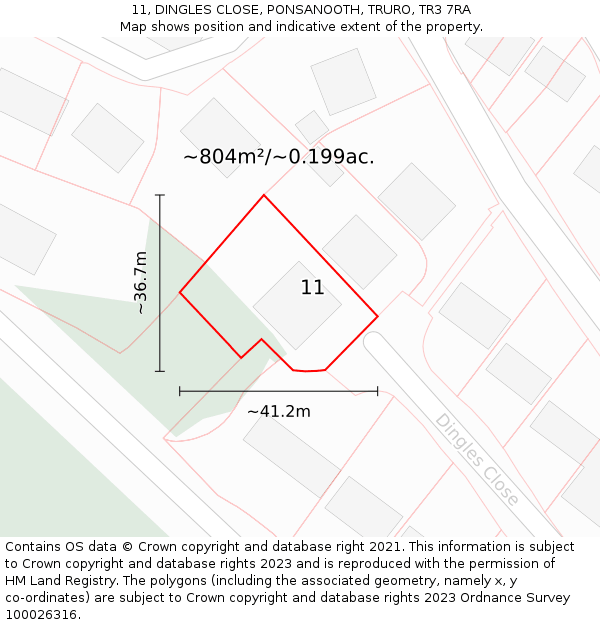 11, DINGLES CLOSE, PONSANOOTH, TRURO, TR3 7RA: Plot and title map