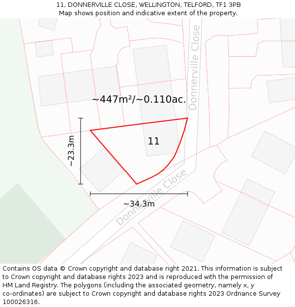11, DONNERVILLE CLOSE, WELLINGTON, TELFORD, TF1 3PB: Plot and title map