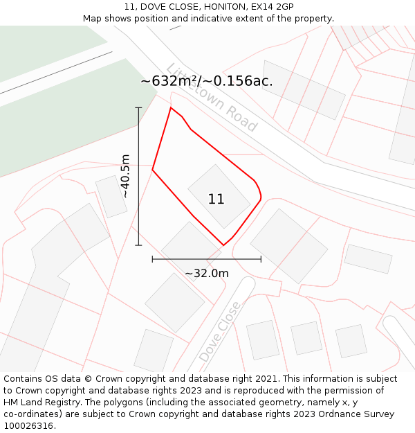11, DOVE CLOSE, HONITON, EX14 2GP: Plot and title map