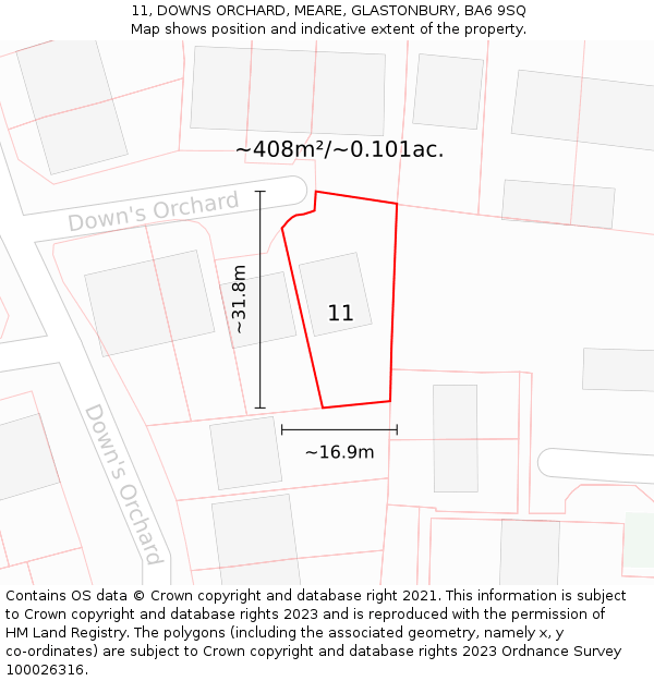 11, DOWNS ORCHARD, MEARE, GLASTONBURY, BA6 9SQ: Plot and title map