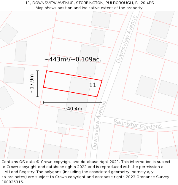 11, DOWNSVIEW AVENUE, STORRINGTON, PULBOROUGH, RH20 4PS: Plot and title map