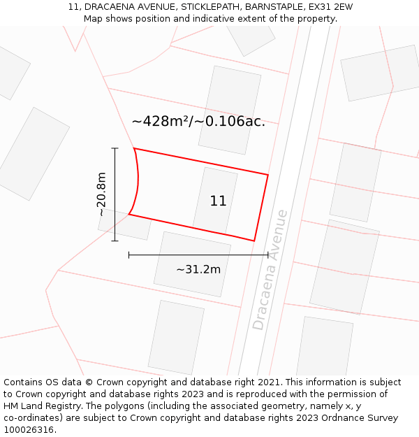 11, DRACAENA AVENUE, STICKLEPATH, BARNSTAPLE, EX31 2EW: Plot and title map