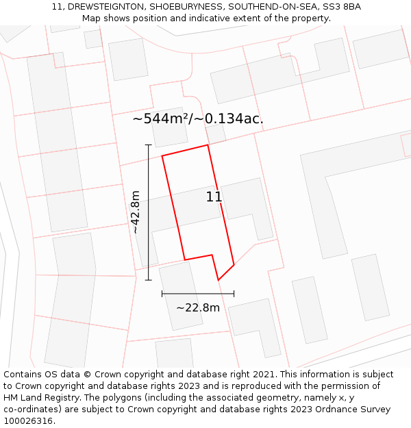 11, DREWSTEIGNTON, SHOEBURYNESS, SOUTHEND-ON-SEA, SS3 8BA: Plot and title map
