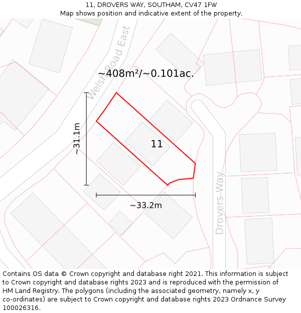 11, DROVERS WAY, SOUTHAM, CV47 1FW: Plot and title map
