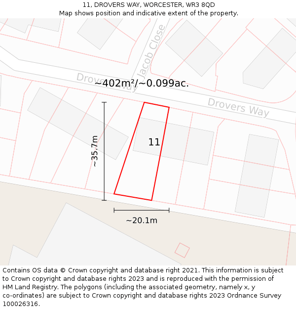 11, DROVERS WAY, WORCESTER, WR3 8QD: Plot and title map
