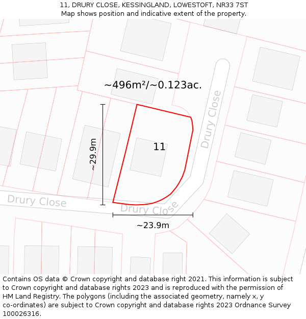 11, DRURY CLOSE, KESSINGLAND, LOWESTOFT, NR33 7ST: Plot and title map