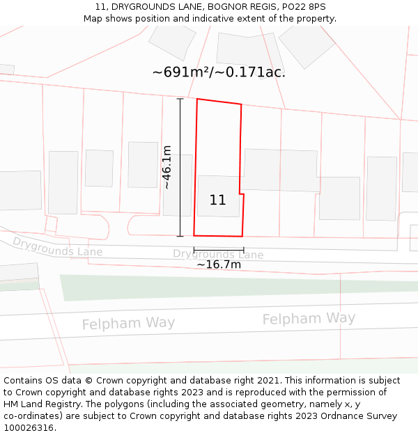 11, DRYGROUNDS LANE, BOGNOR REGIS, PO22 8PS: Plot and title map