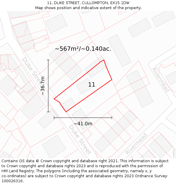 11, DUKE STREET, CULLOMPTON, EX15 1DW: Plot and title map