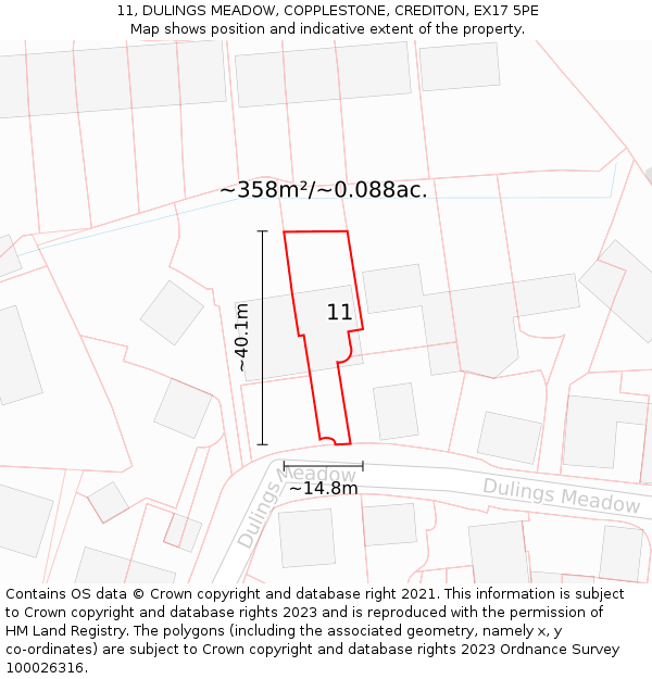 11, DULINGS MEADOW, COPPLESTONE, CREDITON, EX17 5PE: Plot and title map